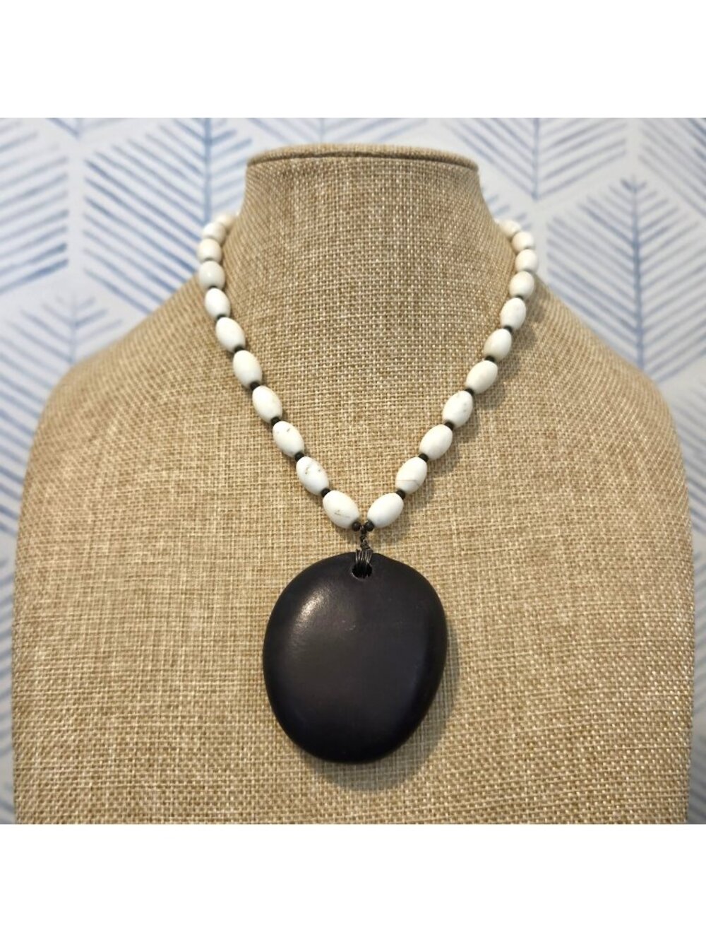 Genuine White Jasper Beaded 22" Necklace With Brown Wooden Pendant
